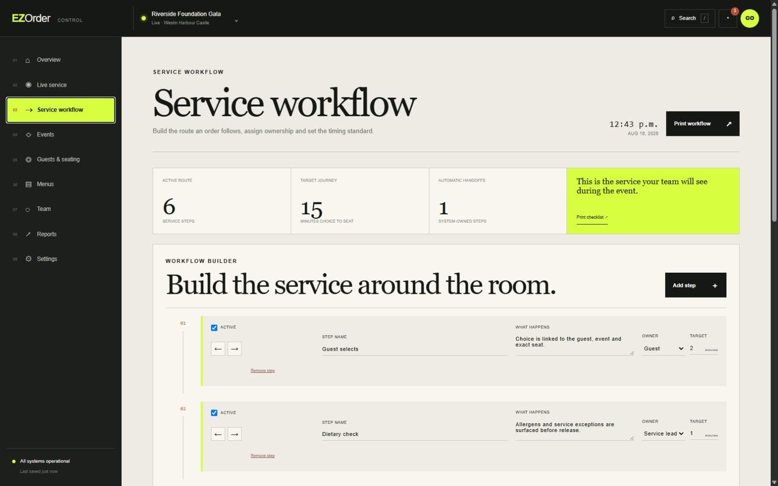 EZOrder service workflow builder showing editable steps, owners and timing targets